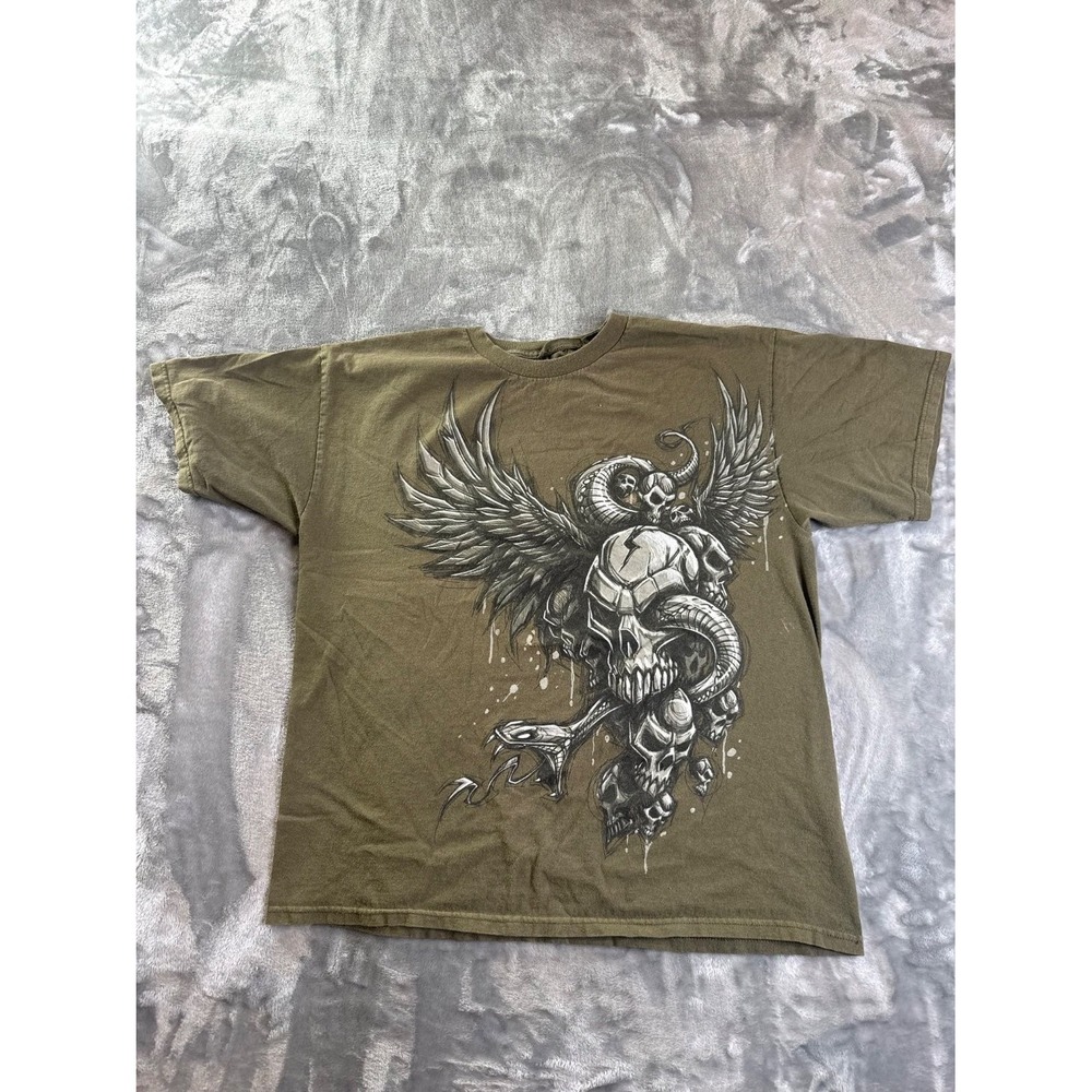 Westcott Men's Graphic T-Shirt Olive Green Winged Skull Snake Serpent Cotton XL